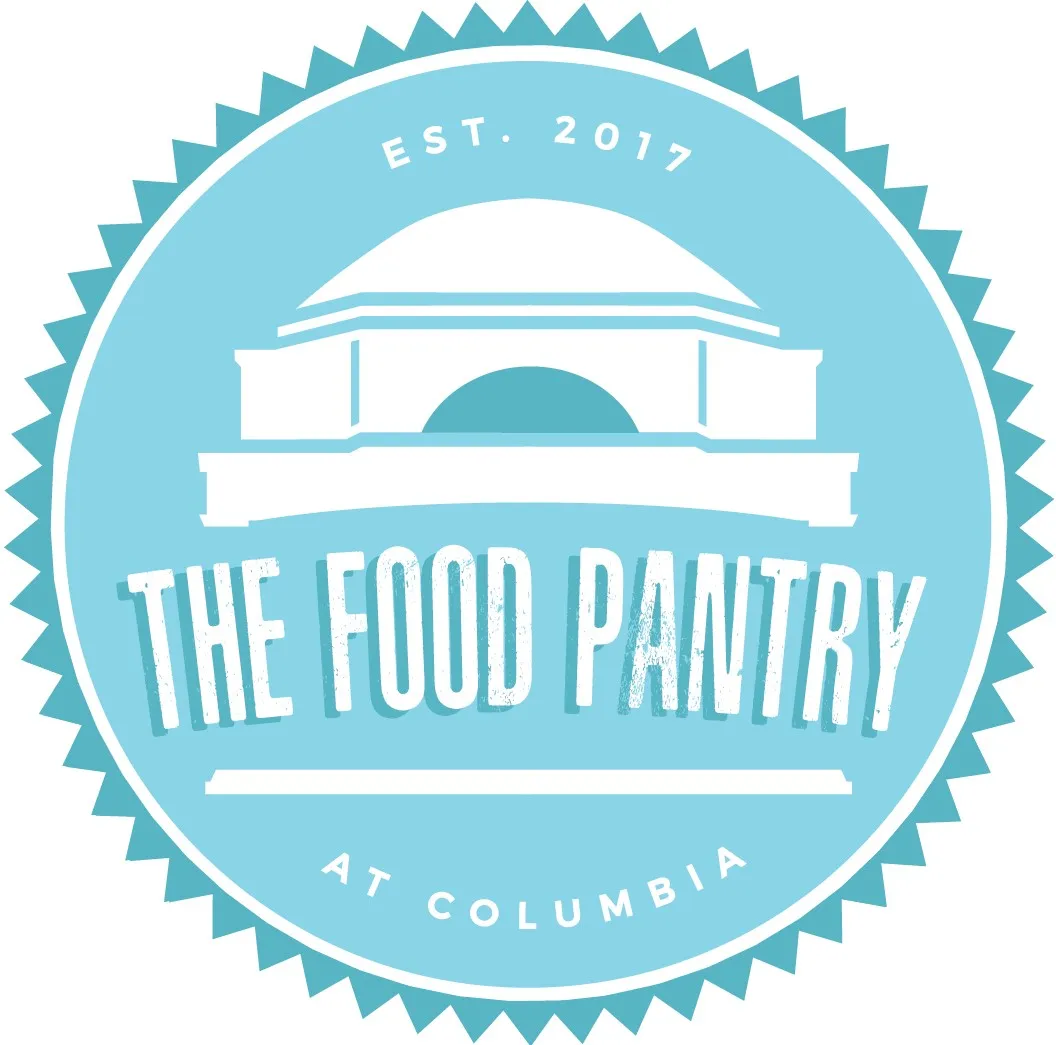 The Food Pantry at Columbia Logo with white image of library on teal background.