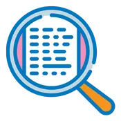 Magnifying glass icon over white paper with blue dots