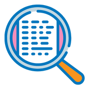 Magnifying glass icon over white paper with blue dots