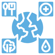 Blue world with 4 bubbles surrounding with fork and knife, medical symbol, water drop, and outline of tree