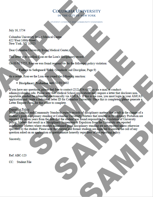 Example of a standard Disciplinary Certification Sample letter of disciplinary certification