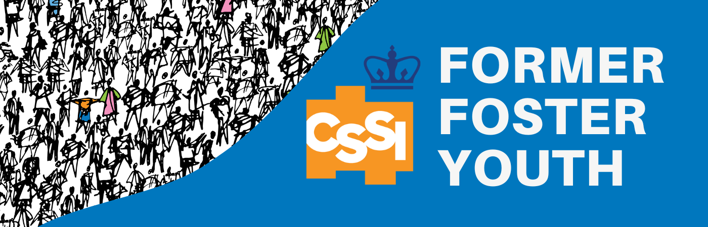 Orange CSSI logo with former foster youth on blue background