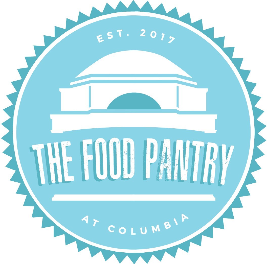 The Food Pantry at Columbia Logo with white image of library on teal background.