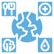 Blue world with 4 bubbles surrounding with fork and knife, medical symbol, water drop, and outline of tree
